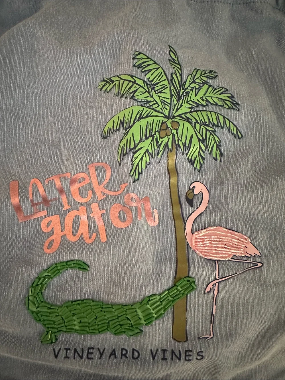 Vineyard Vines Oxford Blue Drawstring Bag with Pink Flamingo & Green Alligator